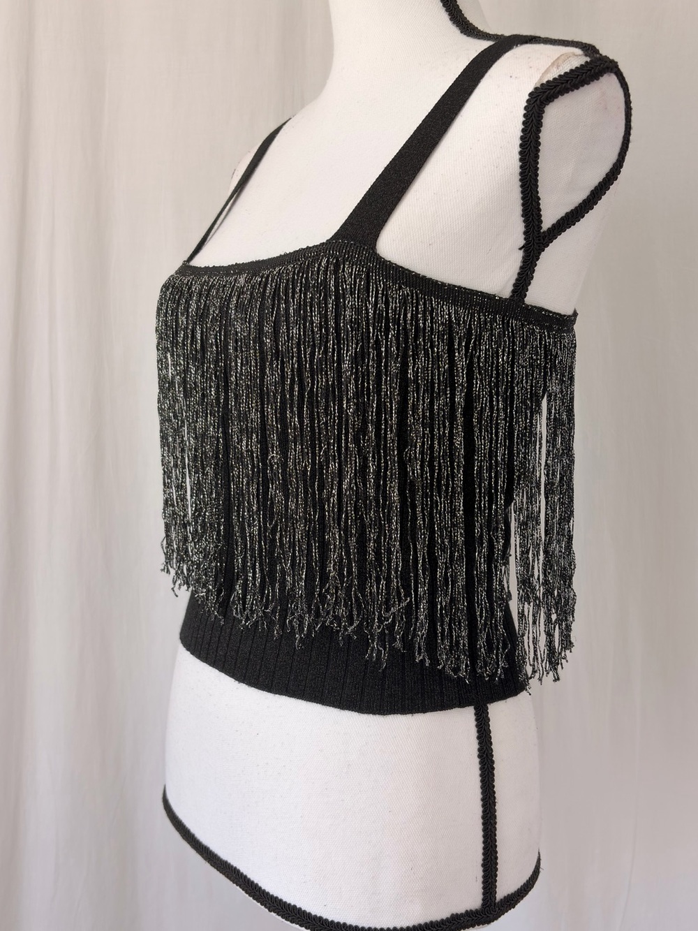 Fab’rik Black Silver Metallic Fringed Crop Ribbed Square Neck Tank Top Sz Medium - Picture 3 of 17